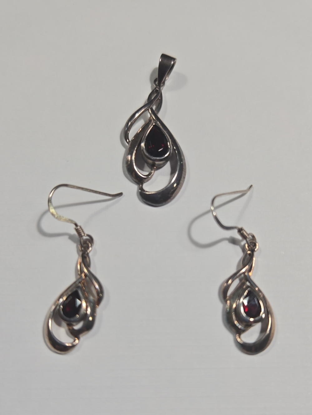 Silver Teardrop Garnet Pendant and Earrings Set